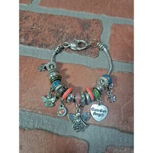 Silver Tone Guardian Angel Dangle Charm Bracelet Slide Beads Retro 7.75"